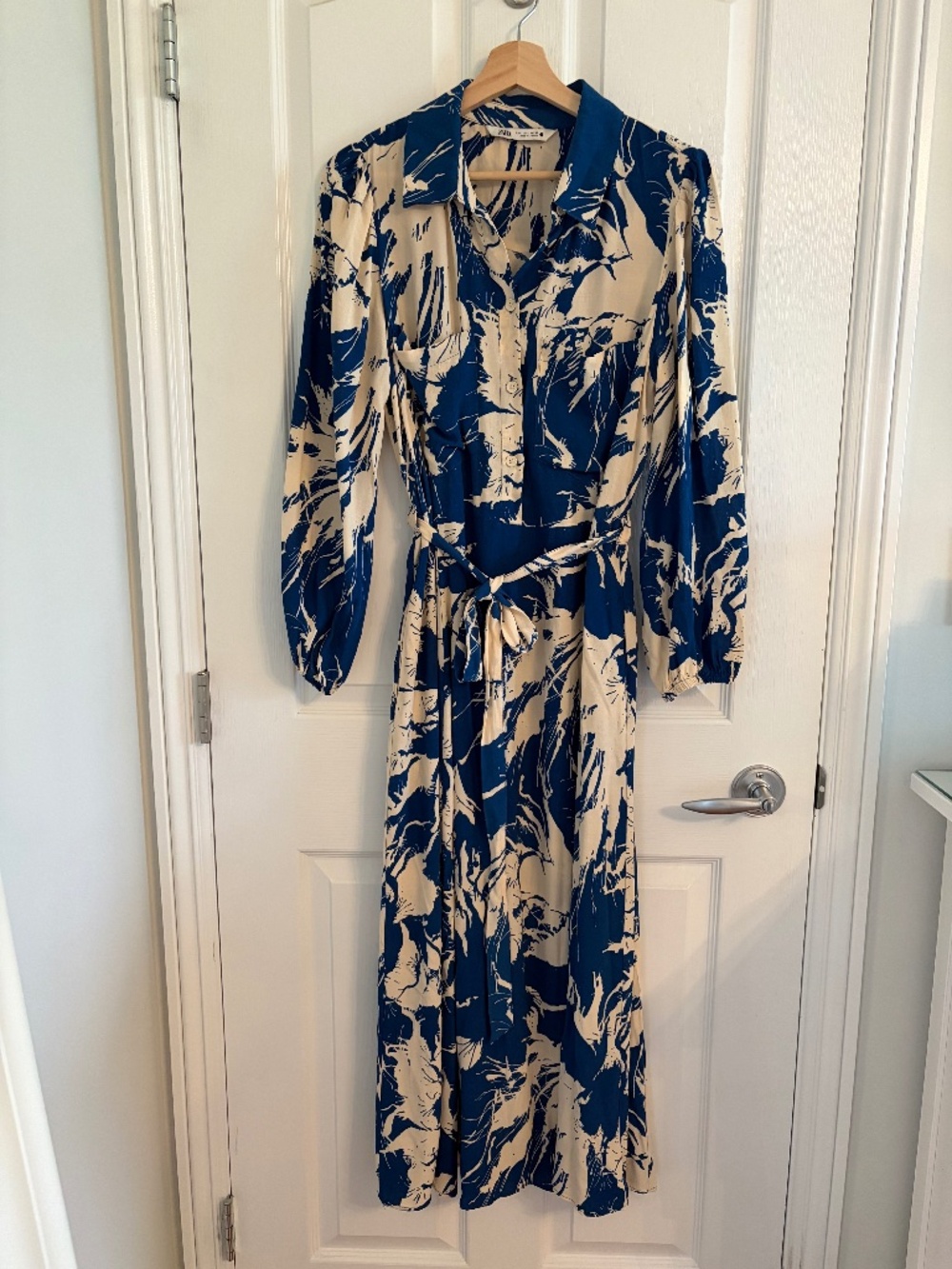 Zara Blue Beige Printed Long Shirt Dress Size L